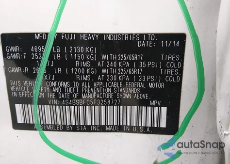 2015 Subaru Outback 2.5I Premium from USA, damaged, VIN 4S4BSBFC5F3258727